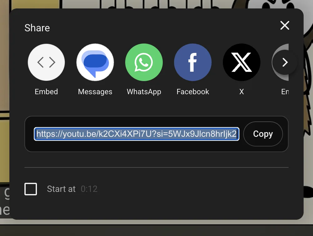 YouTube share panel with the video URL selected and highlighted