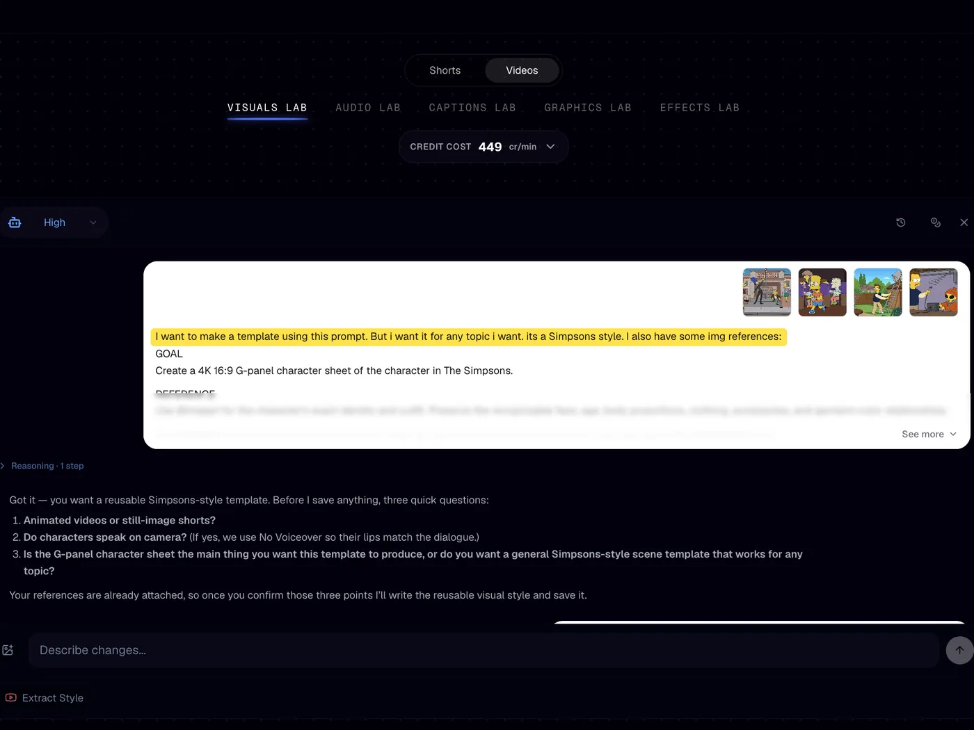 Calliope Visuals Lab chat asking the agent for a reusable template
