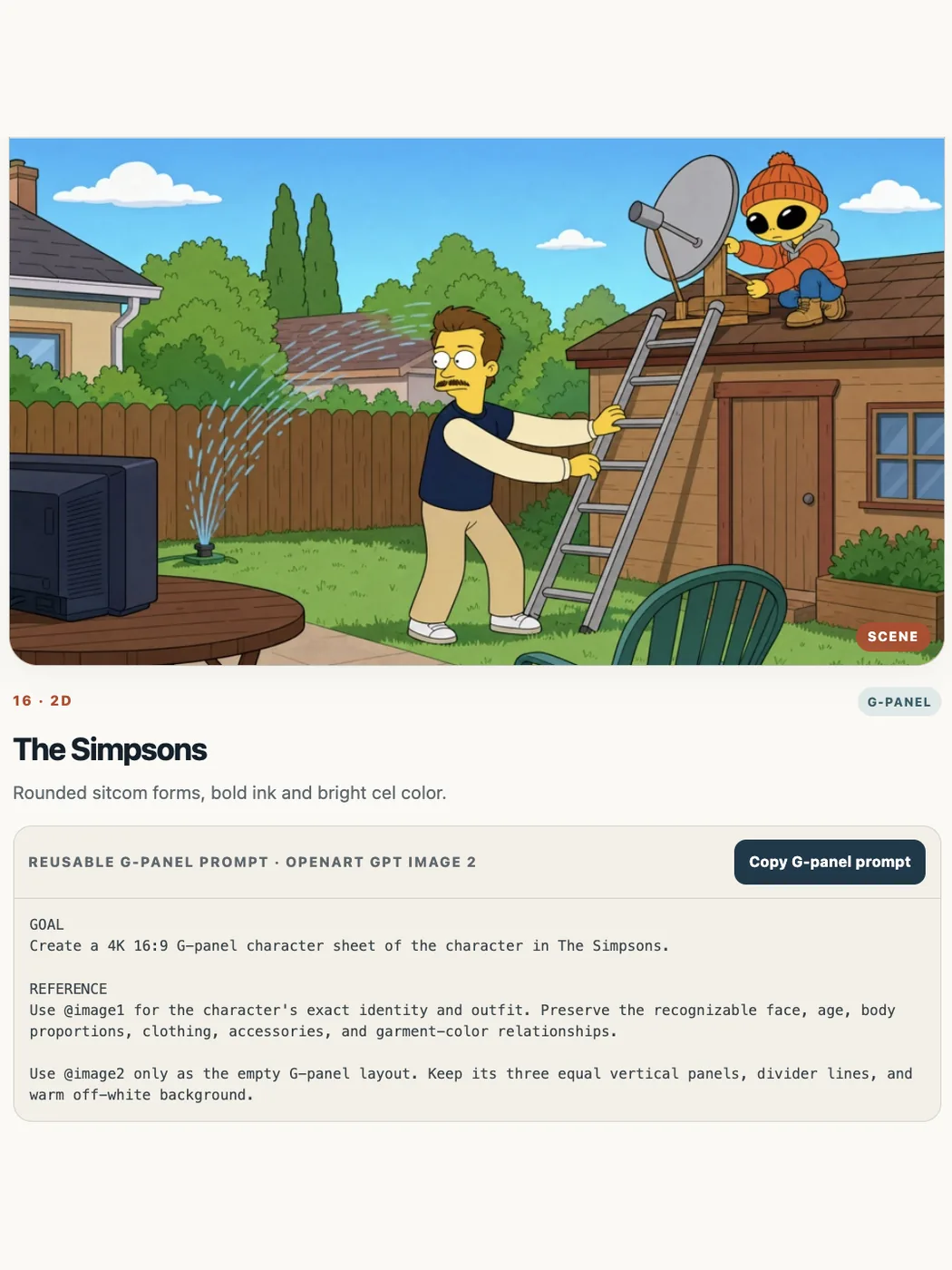 The Simpsons style card showing the reusable G-panel prompt and the copy button
