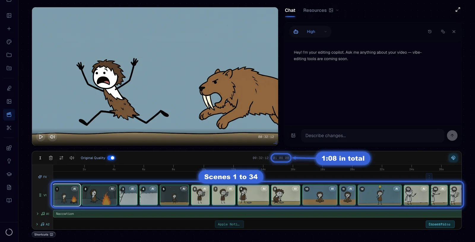 The editor with the finished video: 34 scenes on the timeline