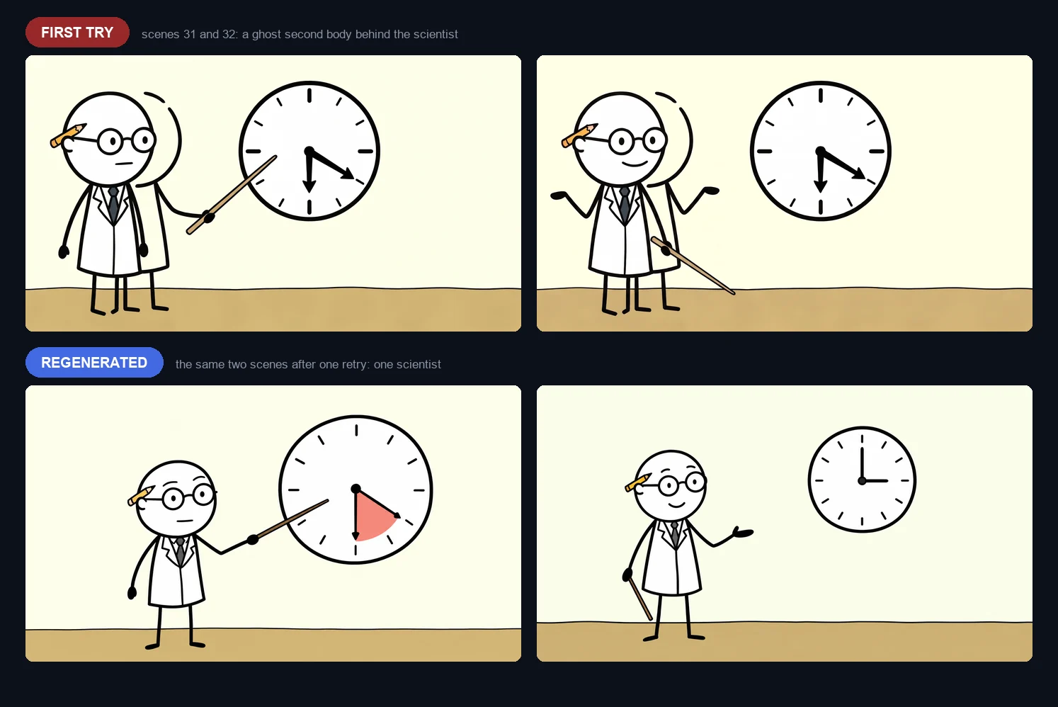 The first try of scenes 31 and 32 with a ghost second body, and the same scenes after the retry