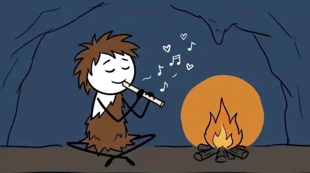 Reference 6: Cave interior, flat campfire glow, seated pose