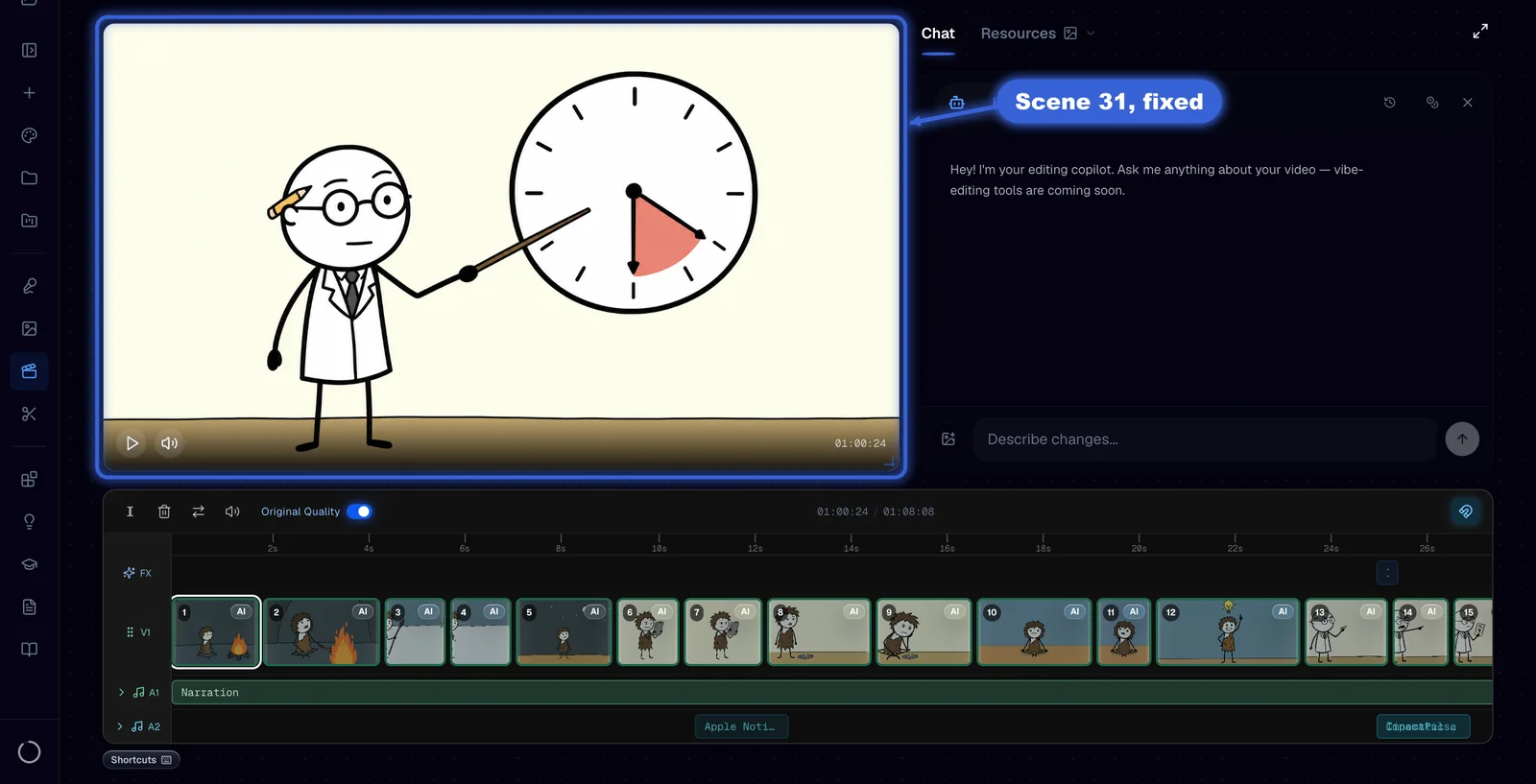 The editor on scene 31 after the fix, with the scientist pointing at a clock
