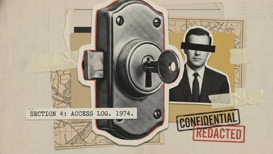 Halftone cutout of a figure with a black bar across the eyes next to a padlock