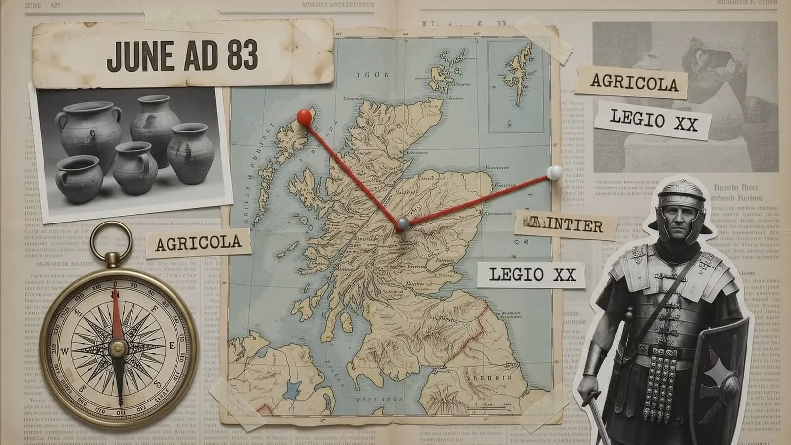 Archival map with brass pins and red string connecting locations