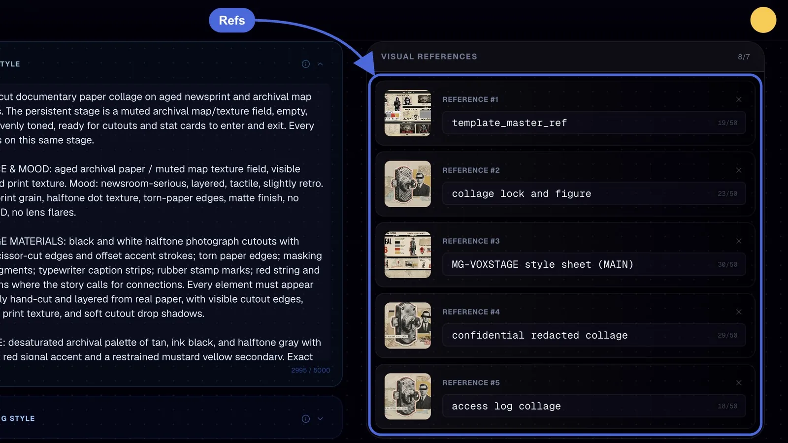 Visual References panel of the saved Project Template showing the six images