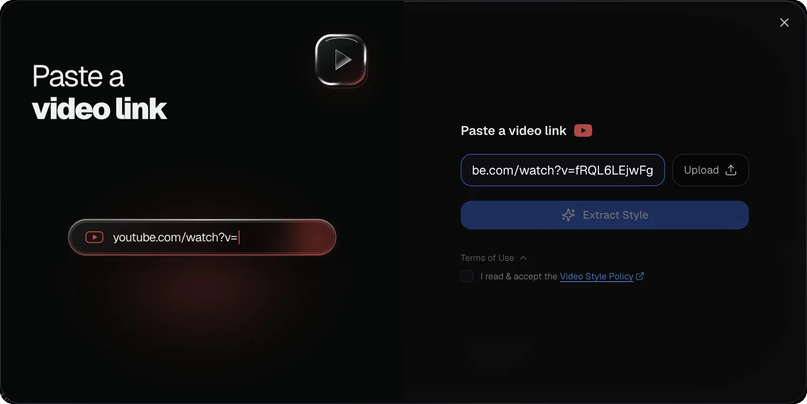 Extract Style dialog with the YouTube link pasted in the field