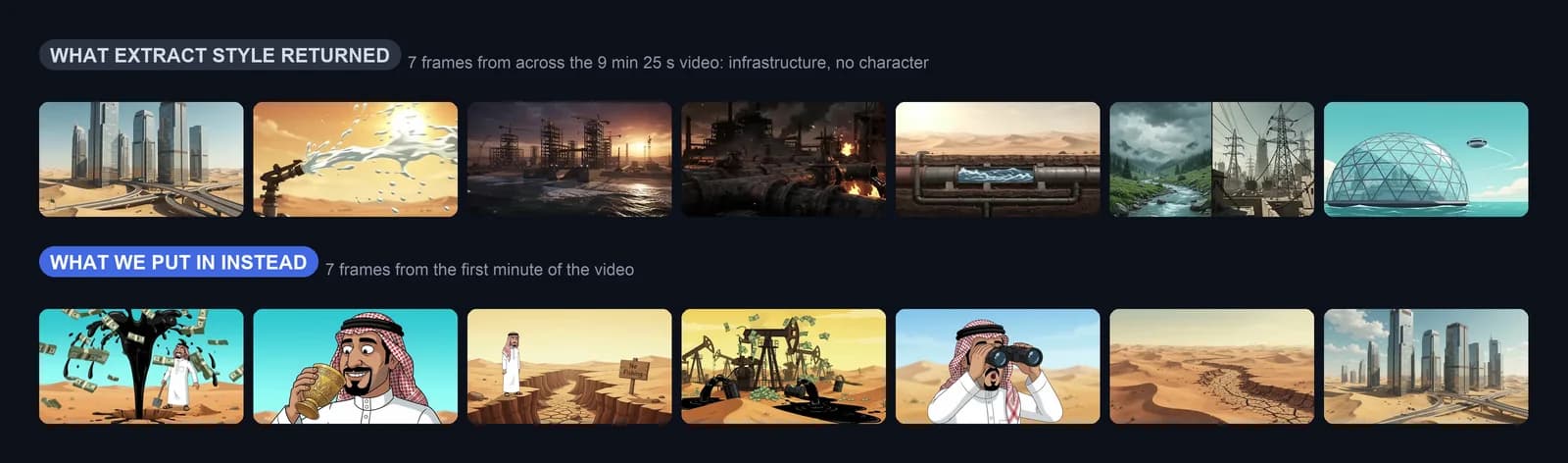 The 7 references Extract Style returned on top and the 7 frames of the first minute we put in instead below
