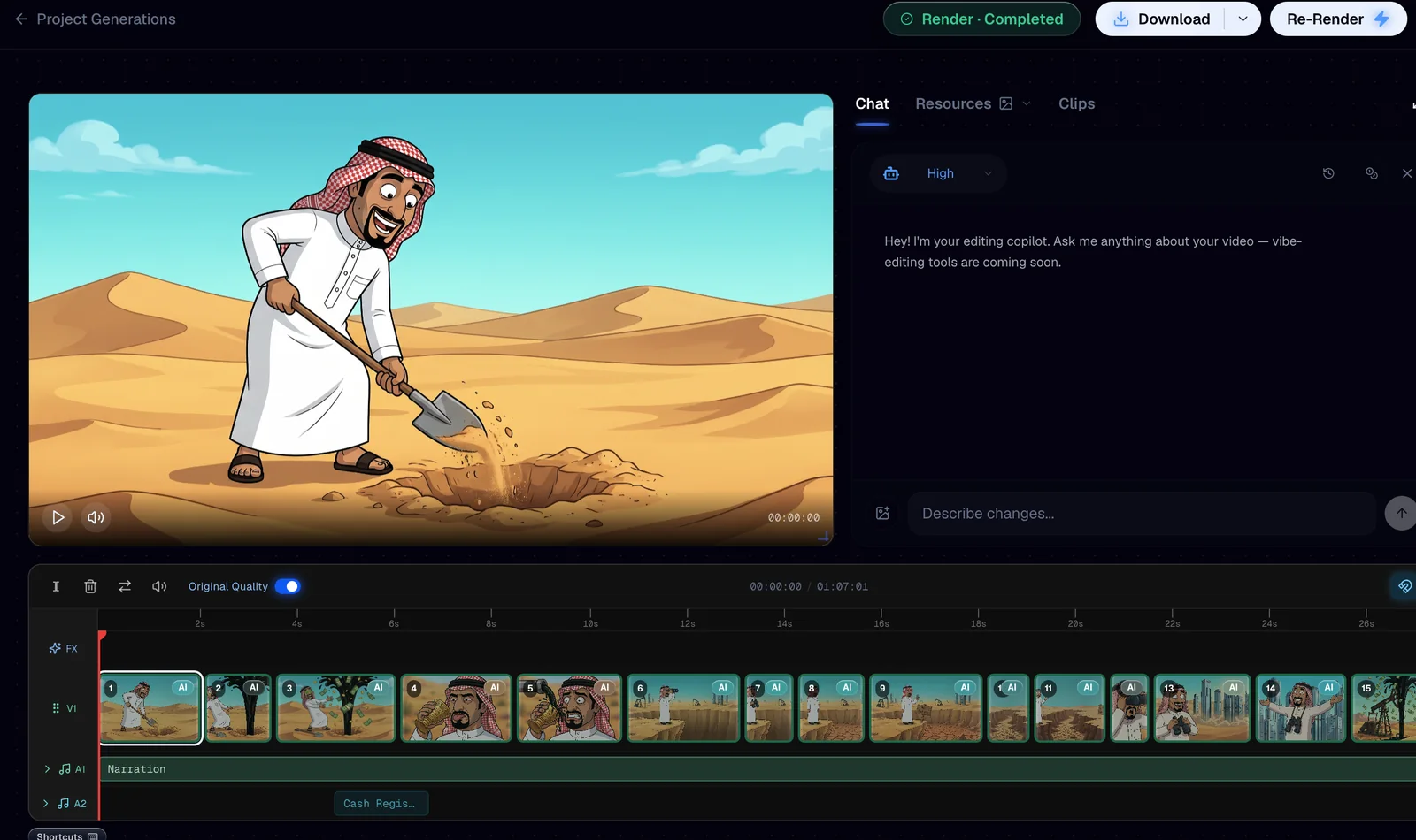 The editor with the finished video: 34 scenes on the timeline and the render marked as completed