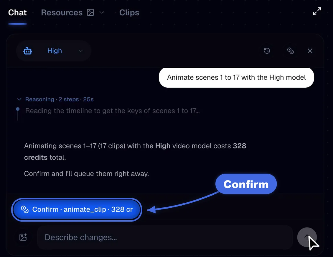 Editor chat with the quote for 17 animated clips with the High model, 328 credits, and the Confirm button