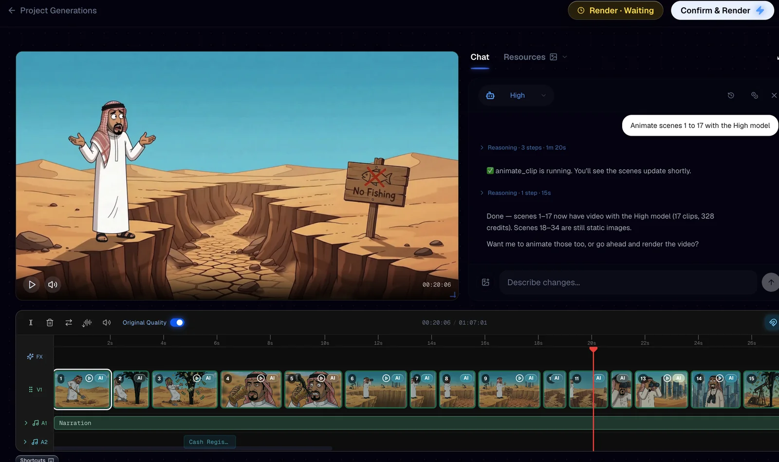 The editor after the animation: scenes 1 to 17 animated, scenes 18 to 34 still static