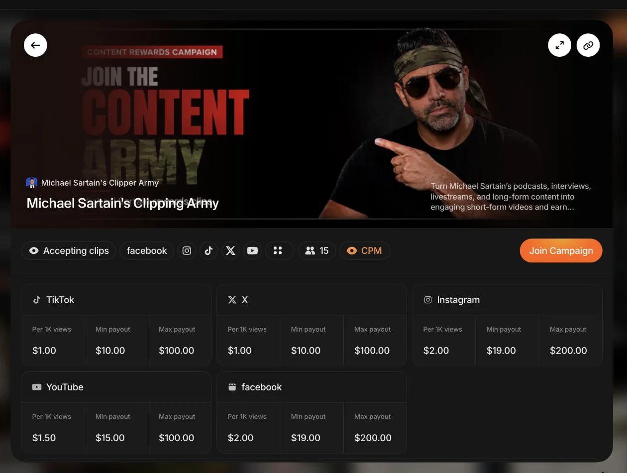 Michael Sartain's campaign on Whop Content Rewards with the pay per 1,000 views on each platform
