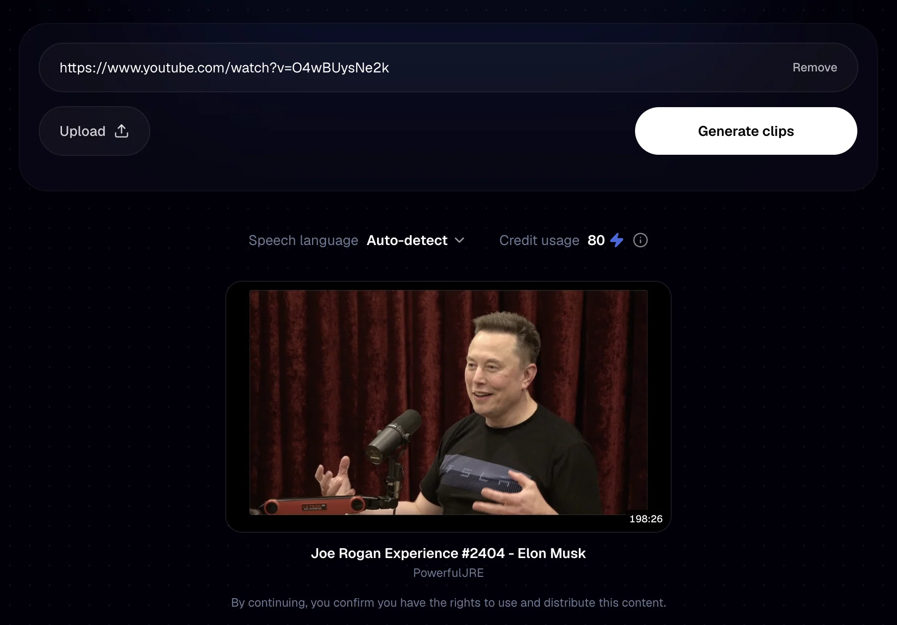 The Clipping composer with the Joe Rogan link pasted and its preview