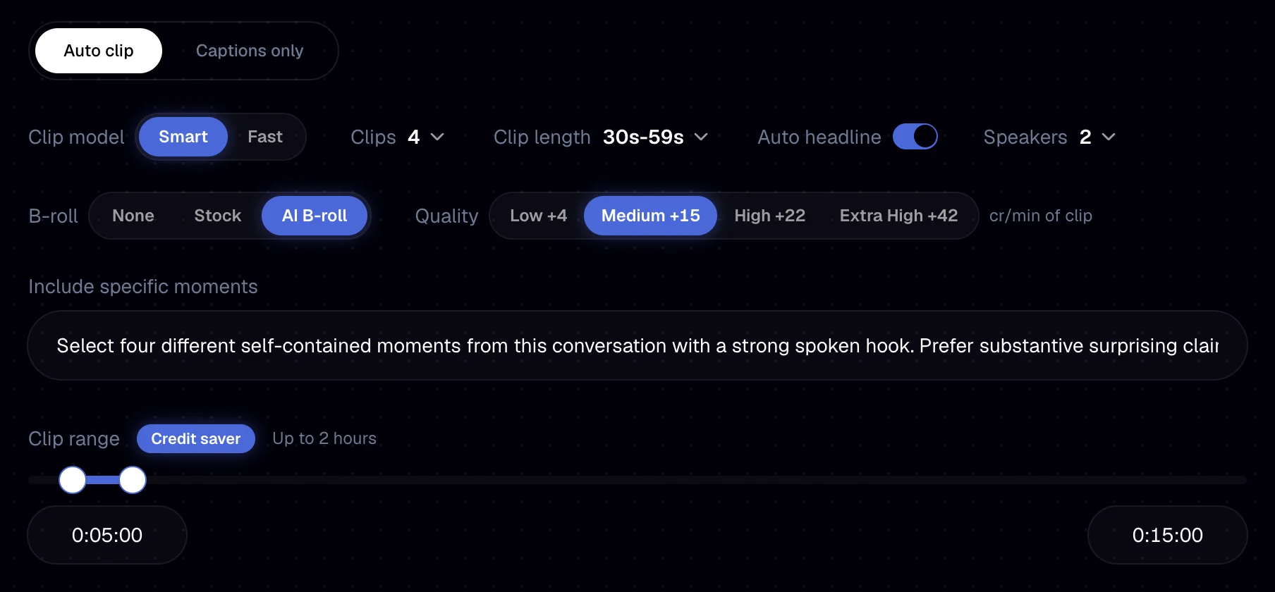 The settings of the batch: Smart, 4 clips, 30 to 59 seconds, 2 speakers, AI B-roll at Medium and a 10 minute range