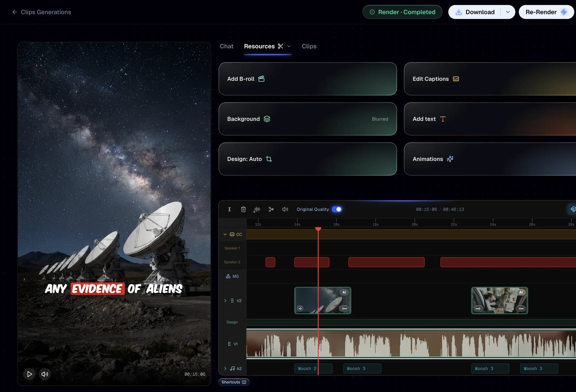 The Calliope editor with the player, the Resources panel and the timeline