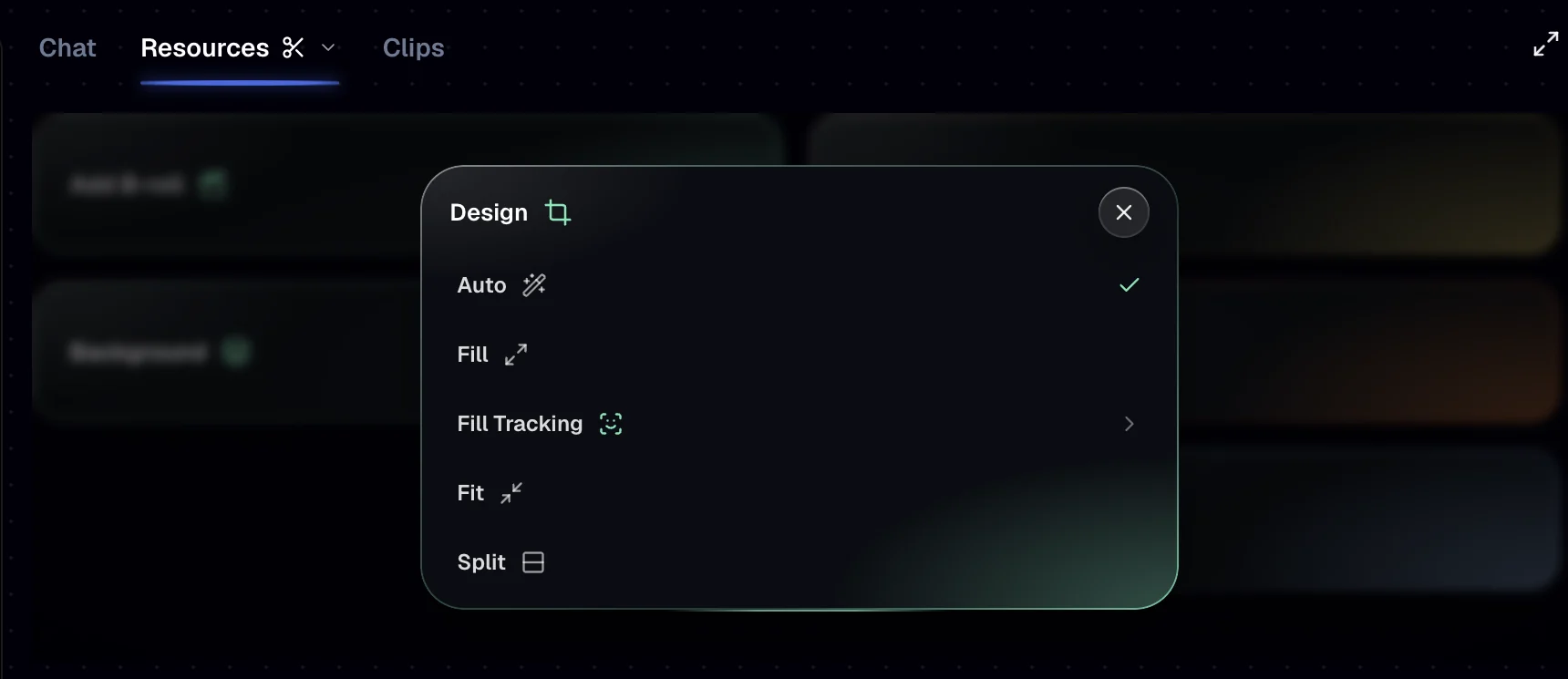 The Design menu with Auto, Fill, Fill Tracking, Fit and Split