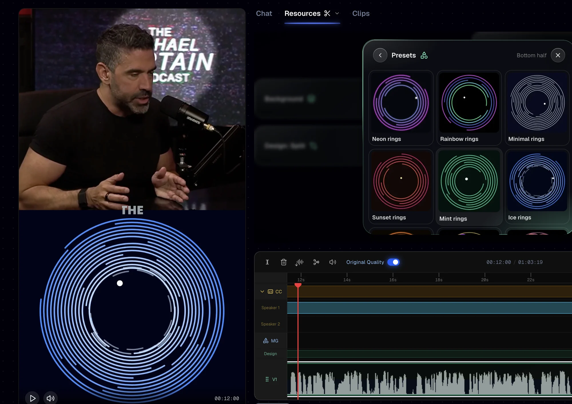 A split screen clip with the Ice rings animation and the Presets panel open