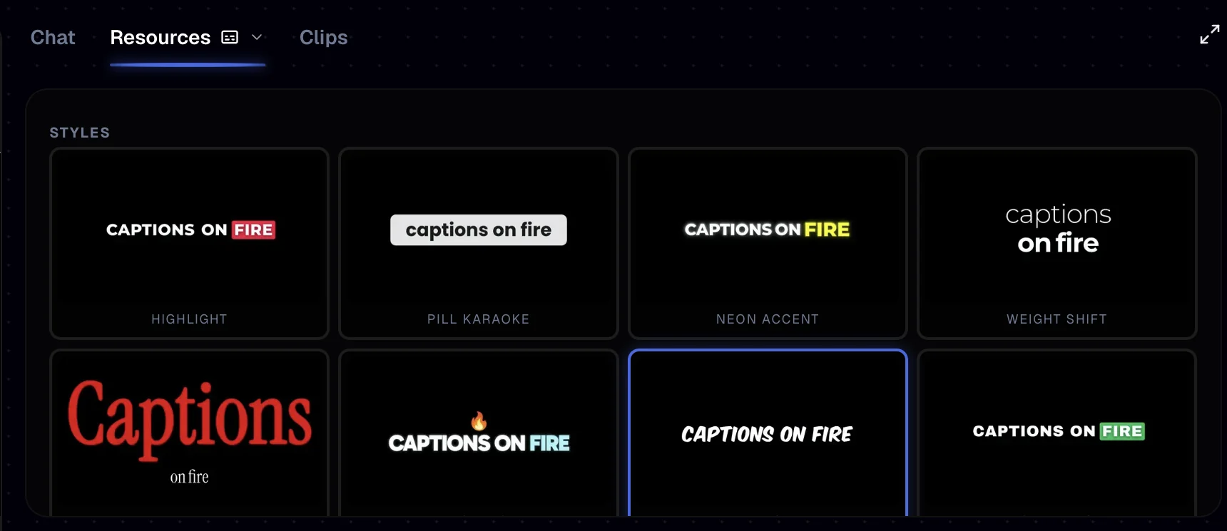 The Edit Captions panel with the caption styles