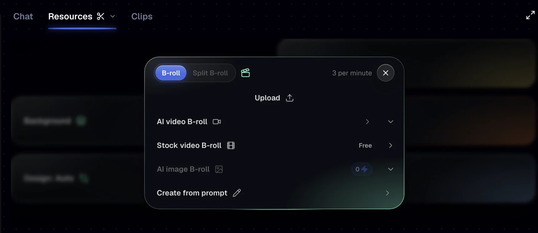 The Add B-roll menu with Upload, AI video B-roll, Stock video B-roll, AI image B-roll and Create from prompt