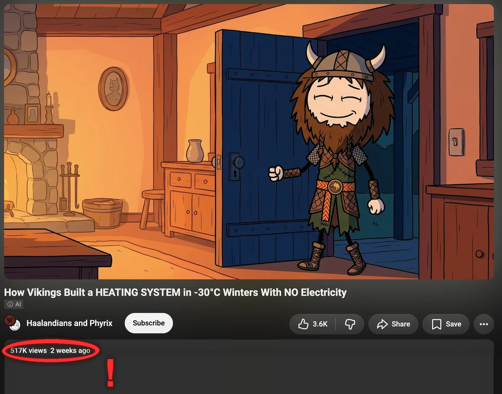 YouTube video from a small channel with the view count and upload date circled in red