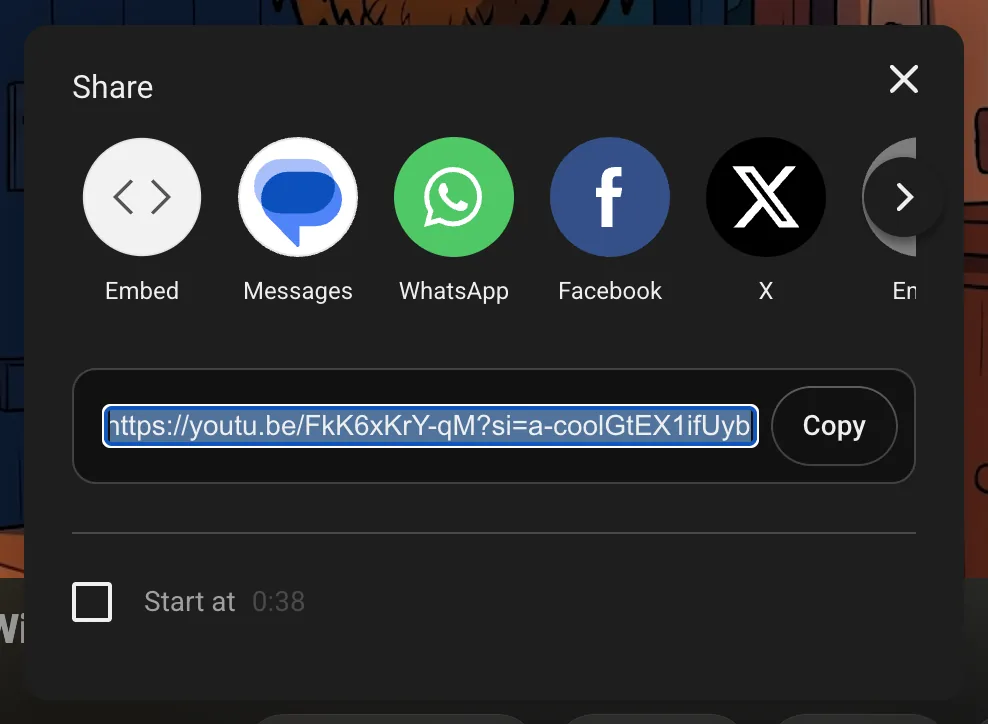 YouTube share panel with the video URL selected and highlighted