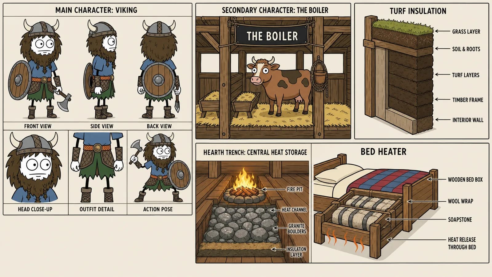 Character reference sheet for the viking, with front, side and back views plus labeled diagrams